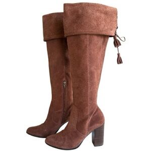 M4D3 Rafaelle Camel Brown Leather Boots Over Knee Tassel Ties Sz 9.5